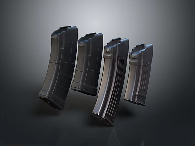 Four Black Curved Firearm Magazines Arranged On Dark Background As Weapon Accessories 3d model