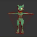 Green Humanoid Game And Movie Character With Cat Ears Yellow Eyes And Outstretched Arms