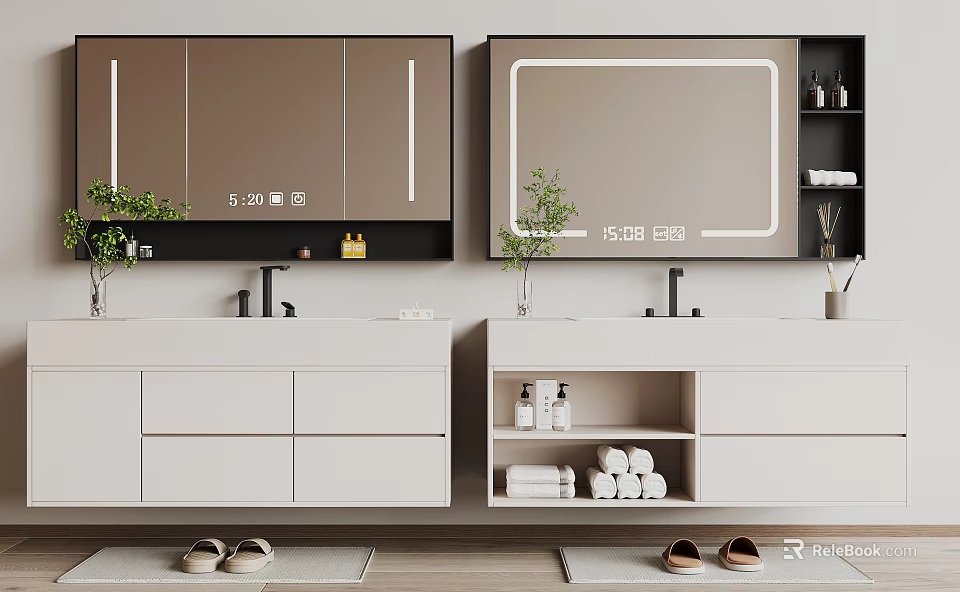 Modern Bathroom Vanity Cabinet With Mirrored Storage Shelves Double Sink Folded Towels And Decorative Plant 3d model 
