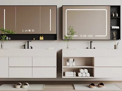 Modern Bathroom Vanity Cabinet With Mirrored Storage Shelves Double Sink Folded Towels And Decorative Plant 3d model