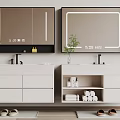 Modern Bathroom Vanity Cabinet With Mirrored Storage Shelves Double Sink Folded Towels And Decorative Plant