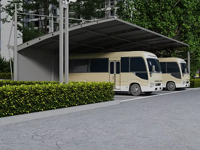 Carport Covering Parked Buses In Outdoor Parking Area With Green Shrubs And Metal Roof 3d model