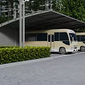 Carport Covering Parked Buses In Outdoor Parking Area With Green Shrubs And Metal Roof