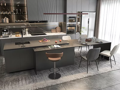 Modern Kitchen Interior With Dark Gray Cabinets Island Counter And Dining Chairs 3d model