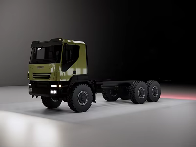 Green Heavy Duty Functional Truck with Large Off Road Tires and Flatbed Chassis Platform 3d model