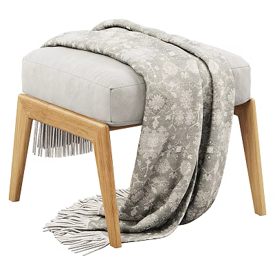 Light Colored Padded Sofa Stool With Wooden Legs And Patterned Fringed Blanket 3d model