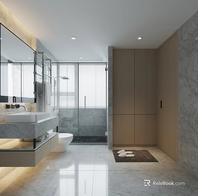 Modern Bathroom Interior With Marble Sink Glass Shower And Wooden Cabinets 3d model 
