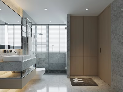 Modern Bathroom Interior With Marble Sink Glass Shower And Wooden Cabinets 3d model