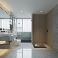 Modern Bathroom Interior With Marble Sink Glass Shower And Wooden Cabinets