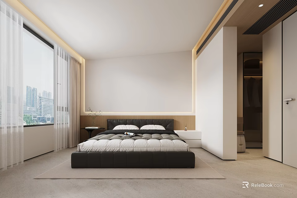 Modern Bedroom Interior Design With Platform Bed City View Window And Wardrobe 3d model