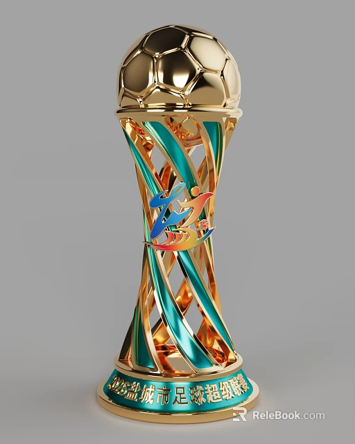 Golden Trophy With Blue Spiral Twisted Design And Colorful Emblem On Top 3d model 
