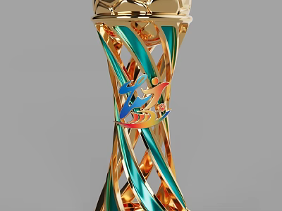 Golden Trophy With Blue Spiral Twisted Design And Colorful Emblem On Top 3d model