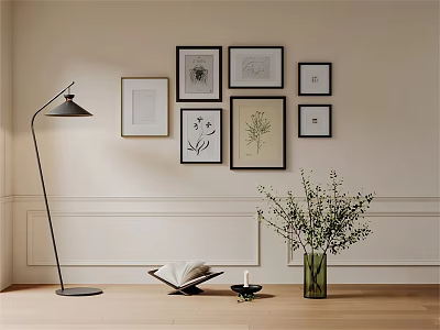 Elegant Photo Wall with Multiple Framed Artworks Floor Lamp Vase Greenery and Open Book 3d model