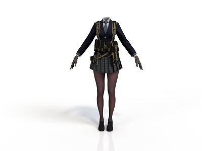 Woman In School Uniform With Pleated Skirt Black Stockings Tactical Vest And Long Sleeve Coat 3d model