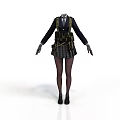 Woman In School Uniform With Pleated Skirt Black Stockings Tactical Vest And Long Sleeve Coat