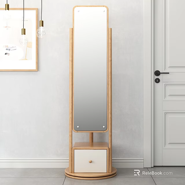 Floor Standing Mirror With Wooden Frame And Drawer Cabinet For Home Decor 3d model 