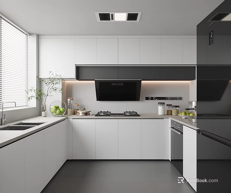 Modern Kitchen Interior With White Cabinets Black Appliances And Countertop 3d model 