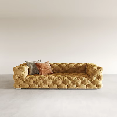 Tufted Beige Velvet Three Seater Sofa with Grey and Brown Cushions in Modern Interior 3d model