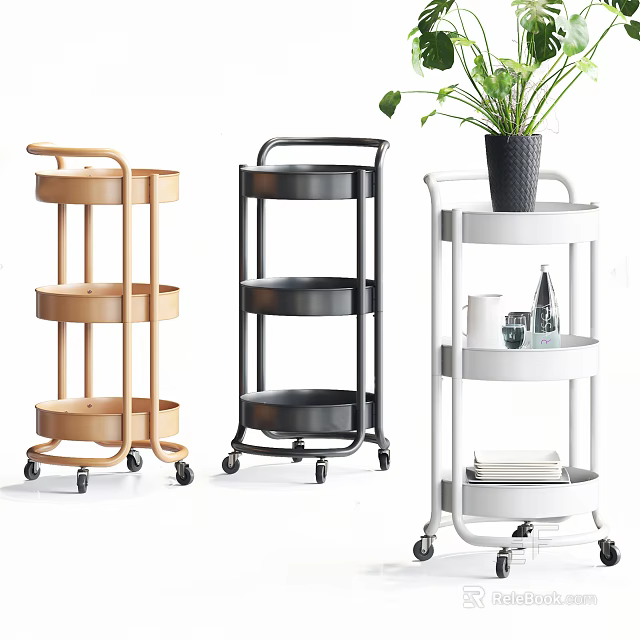 Multi Tier Mobile Storage Carts With Wheels In Wooden Black White For Home Storage 3d model 