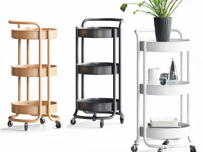 Multi Tier Mobile Storage Carts With Wheels In Wooden Black White For Home Storage 3d model