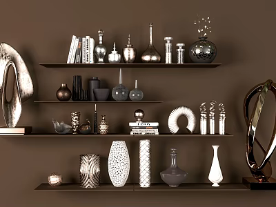 Decorative Ornament Set with Metallic Vases Books and Sculptures on Brown Shelves 3d model