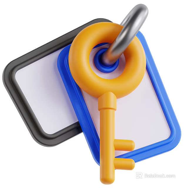 Key shaped Yellow Decorative Ornament Set With Two Tags Black Blue Frame White Background 3d model 