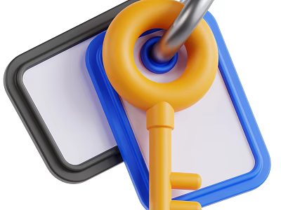 Key shaped Yellow Decorative Ornament Set With Two Tags Black Blue Frame White Background 3d model