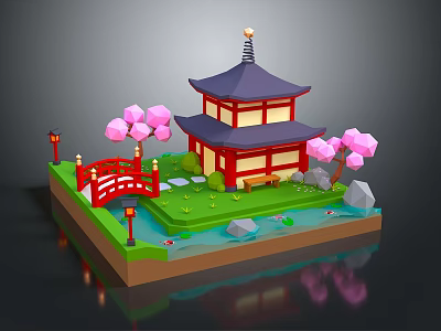Japanese Style Garden Model With Pagoda Red Bridge Pink Cherry Blossoms Green Grass And Lanterns 3d model