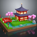 Japanese Style Garden Model With Pagoda Red Bridge Pink Cherry Blossoms Green Grass And Lanterns