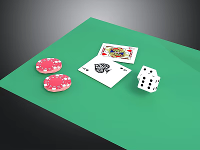 Green Poker Table Setup With Pink Chips Cards And White Dice 3d model