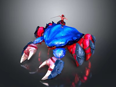 Giant Blue Shell Crab With Red Gray Legs And Person In Red Clothing Holding Sword 3d model