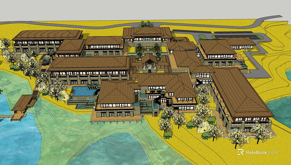 Traditional Building Complex With Brown Roofs Water Area And Surrounding Trees 3d model