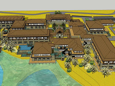 Traditional Building Complex With Brown Roofs Water Area And Surrounding Trees 3d model