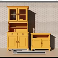 Yellow Wooden Decorative Cabinets with Glass Doors and Drawers Against Brick Wall