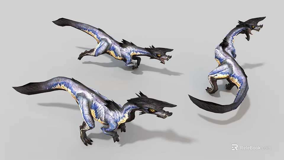 Three Dinosaur Like Game and Movie Characters with Blue Purple Yellow Markings in Dynamic Poses 3d model 