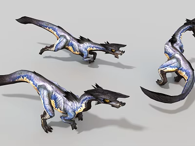 Three Dinosaur Like Game and Movie Characters with Blue Purple Yellow Markings in Dynamic Poses 3d model