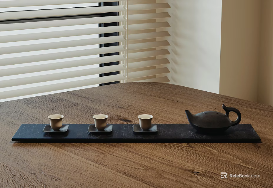 Traditional Tea Set With Black Tray Teapot And Three Teacups On Wooden Table 3d model 