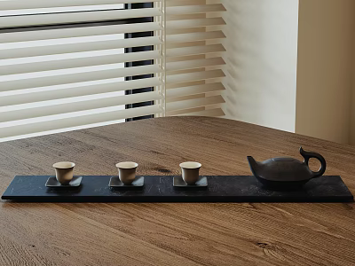 Traditional Tea Set With Black Tray Teapot And Three Teacups On Wooden Table 3d model