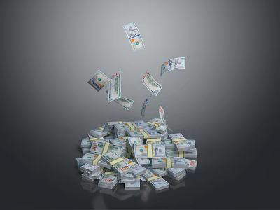 Stack of US Dollar Bills with Flying Currency Notes on Dark Background 3d model