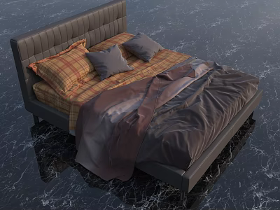 Modern Double Bed With Tufted Headboard Plaid And Gray Pillows Cozy Bedding On Marble Floor 3d model