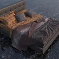 Modern Double Bed With Tufted Headboard Plaid And Gray Pillows Cozy Bedding On Marble Floor