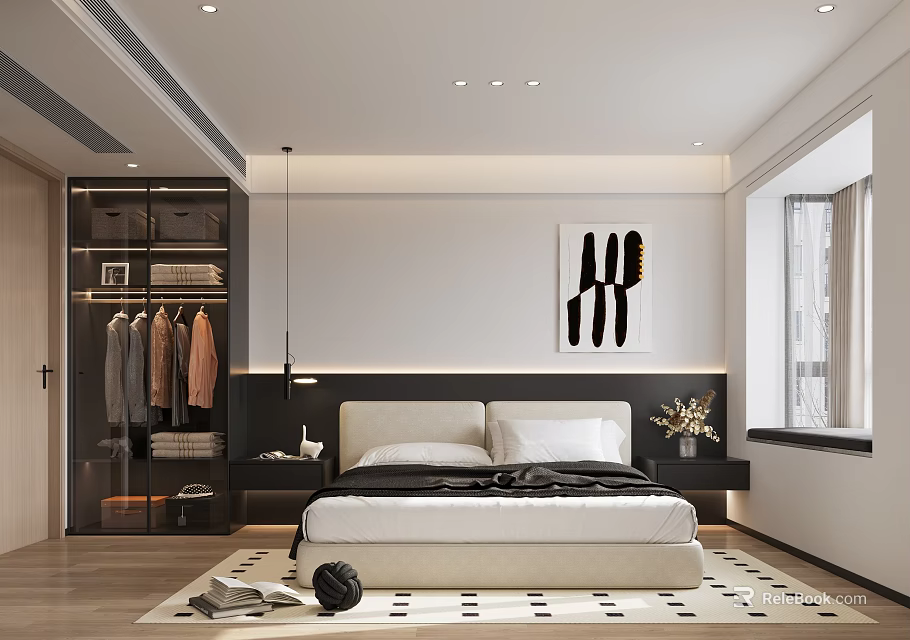 Modern Minimalist Bedroom Interior With Platform Bed Abstract Painting Glass Wardrobe And Geometric Rug 3d model 