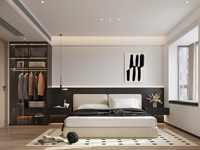 Modern Minimalist Bedroom Interior With Platform Bed Abstract Painting Glass Wardrobe And Geometric Rug 3d model