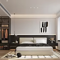 Modern Minimalist Bedroom Interior With Platform Bed Abstract Painting Glass Wardrobe And Geometric Rug