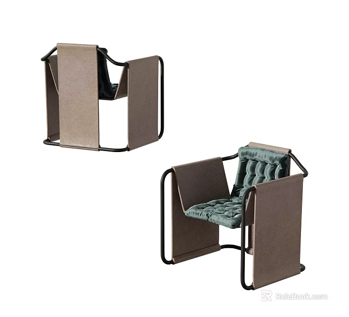 Modern Leisure Chair With Black Metal Frame And Green Upholstered Seat And Fabric Armrests 3d model 