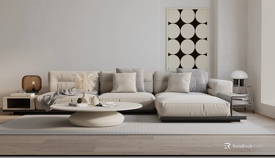 Light Sectional Sofa with Throw Pillows Blanket Round Coffee Table and Geometric Wall Art 3d model