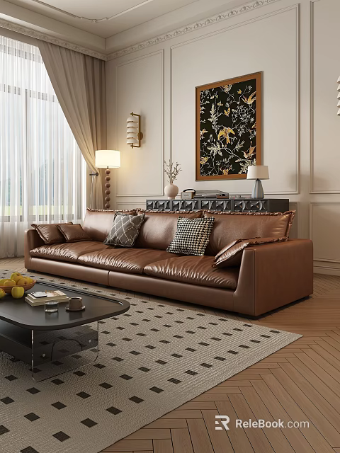 Brown Leather Sectional Sofa In Living Room With Pillows Coffee Table And Decorative Painting 3d model 