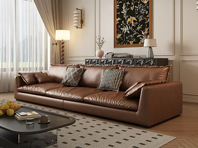 Brown Leather Sectional Sofa In Living Room With Pillows Coffee Table And Decorative Painting 3d model