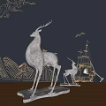 Silver Deer Sculptures With Golden Cloud And Wave Patterns On Black Background 3d model