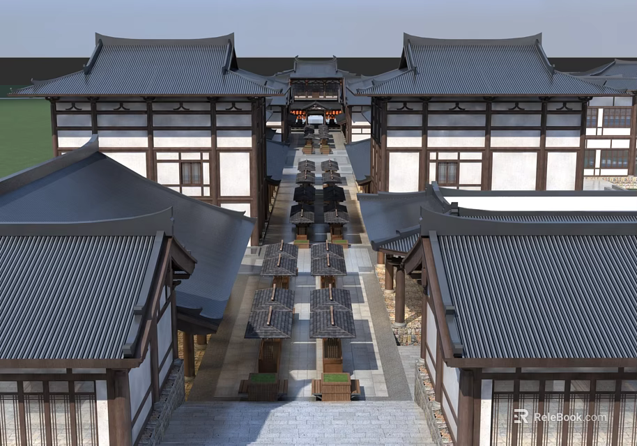 Ancient Architecture With Traditional Black Tiled Roofs Wooden Structures And Symmetrical Courtyard Layout 3d model 